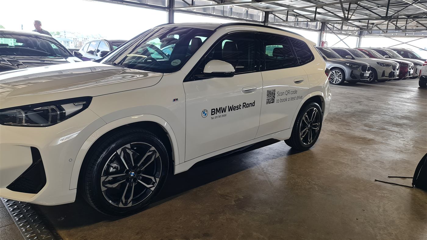 BMW West Rand test-drive QR code decal on a BMW X1