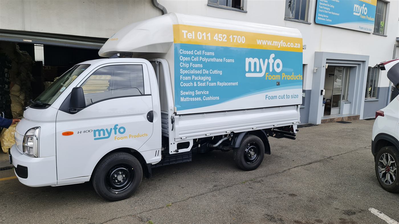 Full vehicle branding wrap for a Myfo Foam Products delivery truck